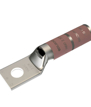Copper Compression Lug, 1-Hole w/ Inspection Window, 2 AWG, 3/8" Stud, Long Barrel, Tin Plated